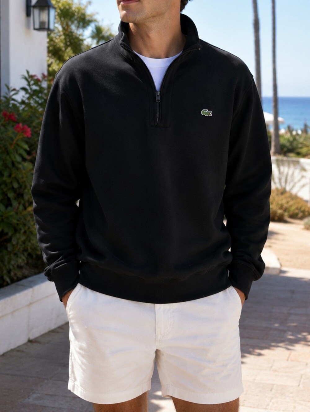 Lacoste Black 1/4 Zip Pullover Sweatshirt 100% Cotton Green Crocodile Logo